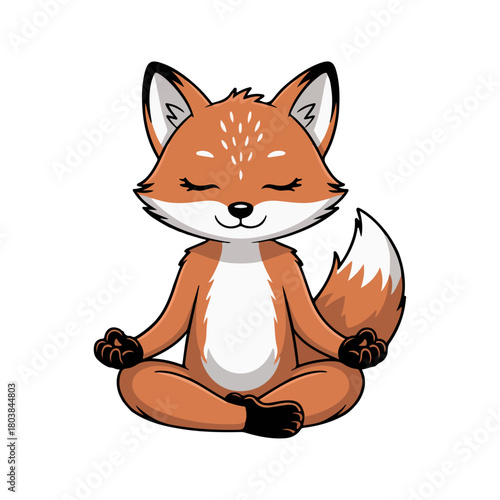a cartoon fox sitting in meditation pose in the grass with flowers and mushrooms