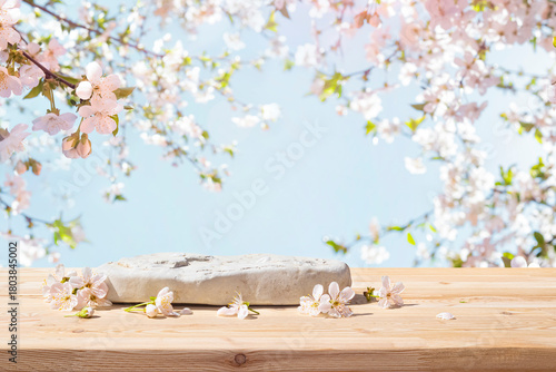 Big stone as empty podium on wooden table with beautiful flowers and blurred blossoming cherry tree background