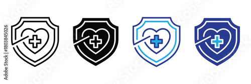 Healthcare shield with cross and heart logo icons set isolated on white background, medical security emblem collection