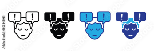 Anxiety and stress icon: a worried person's face with two thought bubbles containing exclamation marks, representing mental pressure and concern.
