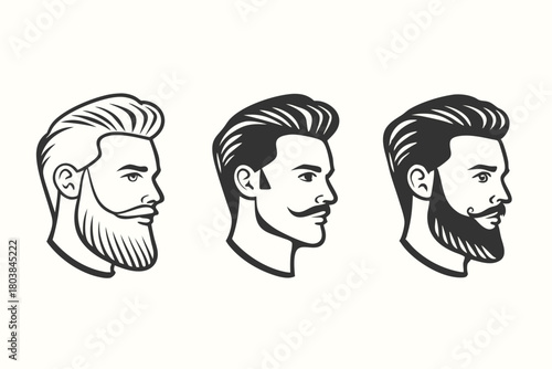 Three monochrome men with distinct beard and hair styles face right in unison