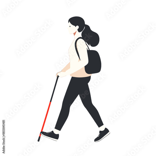 Woman Walking with Cane in Minimalist Pixel Art Style with White Background and Black Backpack and Dark Pants