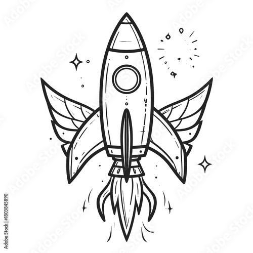 Monochrome Illustration of a Rocket with Wings Taking Flight on White Background