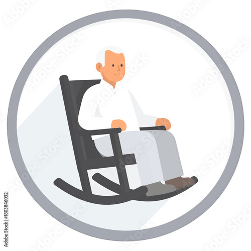 Illustration of an Older Man Sitting in a Rocking Chair with Gray Scale Accents on a White Background