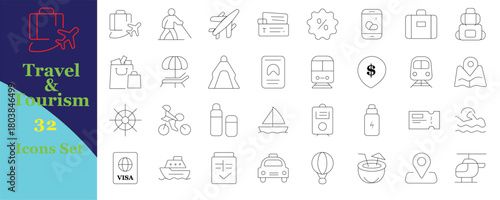 Minimal travel line icons: world map, navigation, compass, airplane, ticket, baggage, suitcase, ship, bicycle, camping, car, beach, destination, sightseeing, tourism, fun.
