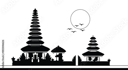 Serene temple silhouette under a full moon with soaring birds