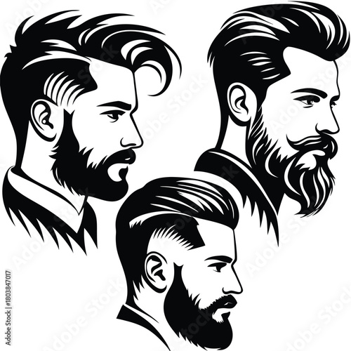 Three stylish bearded men are displayed in a black and white cutout