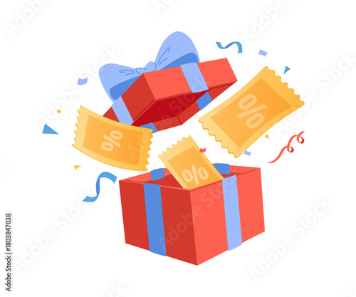 Red open gift box with yellow ribbon, big sale, discount voucher, coins. Holiday shopping and celebration. Flat vector