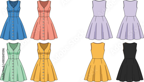 Sleeveless dress collection with and without buttons, front view, color variations, fitted bodice, flared skirt, fashion flat vector, garment design, no text
