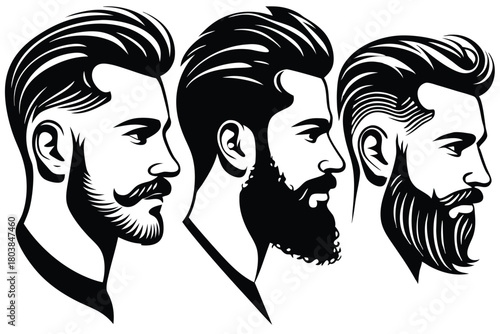 Three stylish bearded men profiles present different haircuts and beard styles in black and white