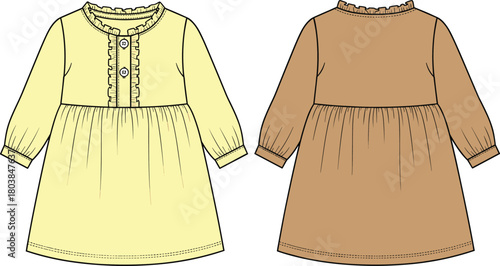 Vector technical fashion sketch of baby girl dress featuring long sleeves, ruffle neck, empire waist, showing front and back views in yellow and brown.