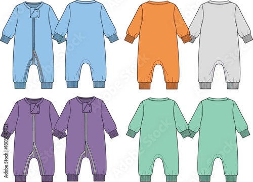 Vector technical flat sketch of baby romper set featuring long sleeves, zipper closure, ribbed cuffs, front and back views for fashion apparel design templates.