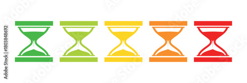 Five hourglasses in a row showing a progression of colors from green to red on white background