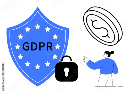 Blue GDPR shield with stars, padlock, coin, and a person gesturing forward. Ideal for security, privacy, compliance, finance regulation legal and business themes. Simple flat metaphor