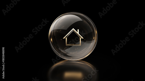 Crystal sphere with gold house icon on dark background