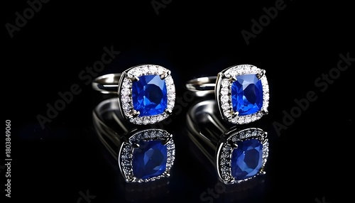 A pair of earrings with blue gems and small gems around them isolated on a black background