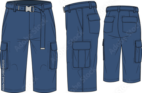 Vector technical flat sketch of men cargo shorts featuring front, side, back views, belt with buckle, pockets, navy blue for fashion apparel design templates.