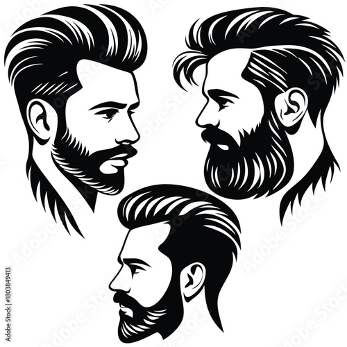 Three stylish men with beards are seen in minimalist black and white profile