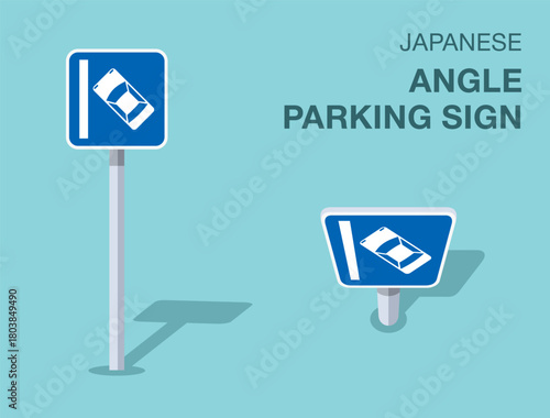 Traffic regulation rules. Isolated japanese "angle parking" road sign. Front and top view. Flat vector illustration template.