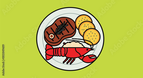 Juicy grilled steak, lobster, and potatoes on elegant dinner plate