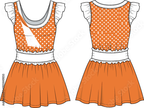 Vector technical flat sketch of orange dress featuring polka dot bodice, ruffle sleeves, gathered skirt, front and back views for fashion apparel design templates.