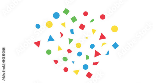 Colorful confetti scatter of shapes in a celebratory abstract composition with bright rainbow tones.