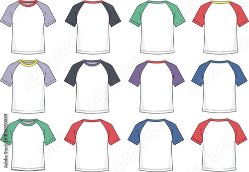 Vector technical flat sketch of raglan t-shirt set featuring short contrasting sleeves, crew neck, front and back views, multiple colorways for fashion apparel design templates.