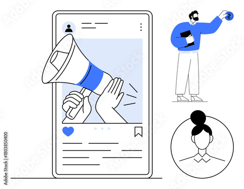 Smartphone screen showing a megaphone post for content promotion, paired with a user engaging through an app. Ideal for digital marketing, content creation, promotion, communication, influencer