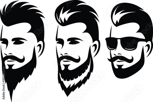 Three stylized bearded man faces with different hairstyles and sunglasses look distinctive in black