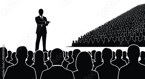 Confident leader addresses vast audience, inspiring collective action and success.