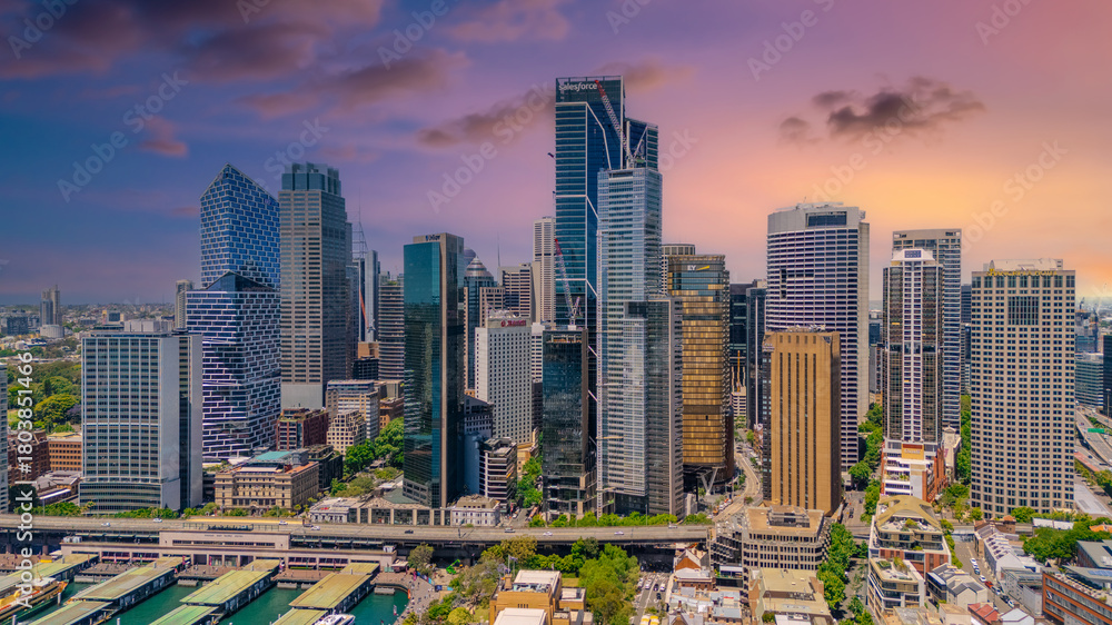 Obraz premium 18 November 2025 Panoramic night view of Sydney Harbour and City Skyline of NSW Australia beautiful colourful skies on a beautiful spring day
