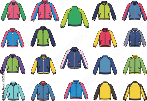 Vector technical flat sketch set of bomber jackets featuring front and back views, zipper closure, ribbed cuffs, various colors for fashion apparel design templates.