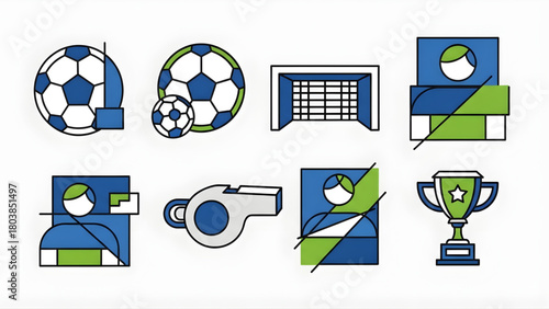 Set of Soccer Icons Ball, Goal, Whistle, Trophy. Sports Symbols in Geometric Design