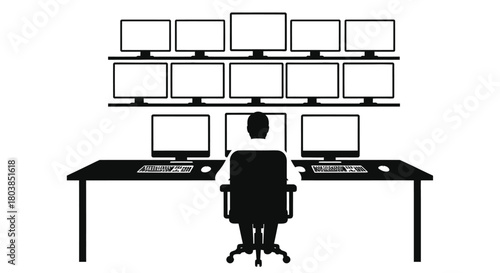 Analyst monitors multiple screens from ergonomic office chair at desk