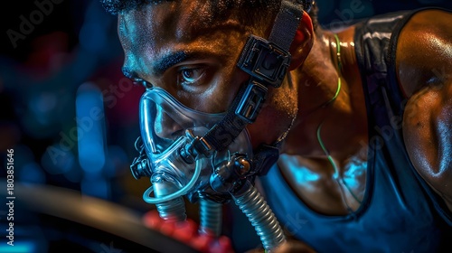 Athlete pushing limits on cardio machine with oxygen mask during intense lab training, perfect for fitness brands, health campaigns