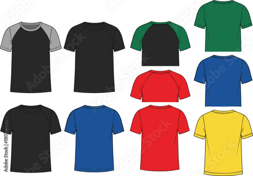 Vector technical flat sketch set of men t-shirt featuring raglan and standard sleeves, crew neck, multiple colors, front and back views for fashion design templates.