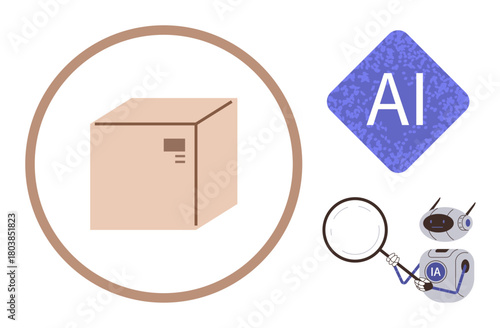 Cardboard box inside circle, AI icon, robots with magnifying glass emphasizing package inspection and automation. Ideal for logistics, delivery, AI, automation, quality control, technology