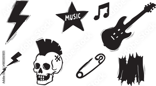 Hand drawn rock punk music star grunge tattoo doodle icon element set. Crayon brush stroke hand drawn sketch style doodle rock punk lightning tattoo. Crayon scribble music star vector illustration.