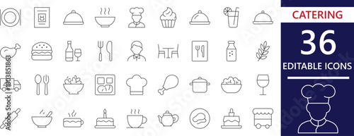 Clean editable line catering icon set representing food, service, and event meal concepts. Perfect for restaurant, event service, and hospitality-themed design projects.