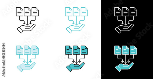 Hand receiving files icon for document transfer and data management in line and fill style