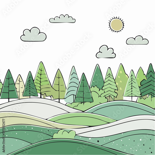 Parallax forest layers with green trees and rolling hills illustration