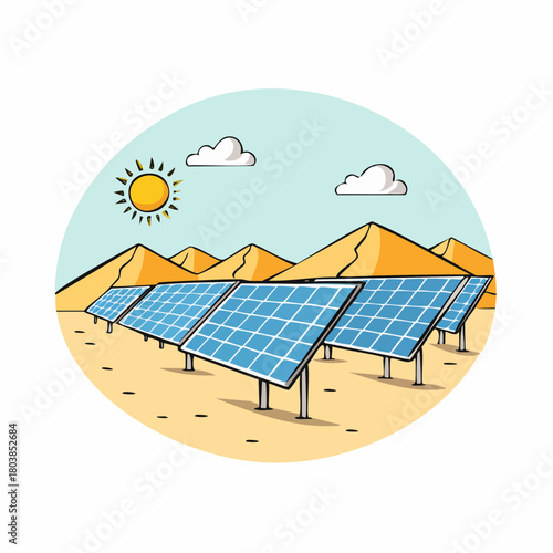 Solar panels in Desert landscape on a sunny Day generating clean Energy