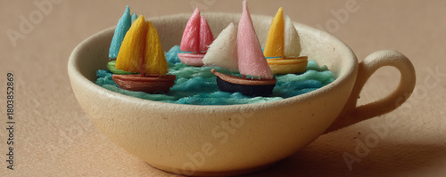 Collection of Tiny Sailboats in Various Colors Sailing on Teal Ocean Within a Teacup