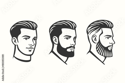 Three stylized man heads displaying different hairstyles and beard styles on a plain background