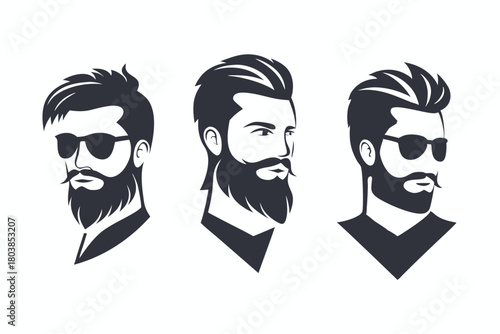 Three stylized men exhibit unique hairstyles and full beards in black silhouette