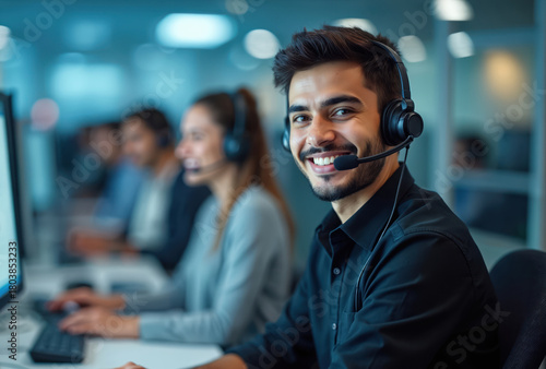 Young Middle Eastern man with headset works at computer in office. Customer service representative smiles at camera. Colleagues work behind in call center environment. Office workers provide support