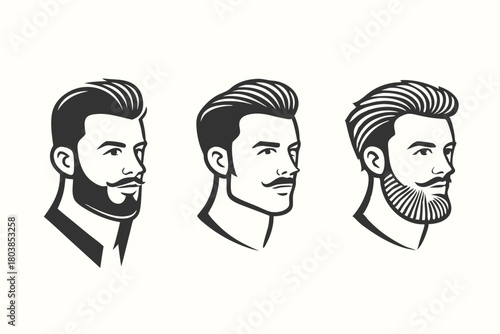 Three stylized men portraits with different beard and mustache styles against a solid background
