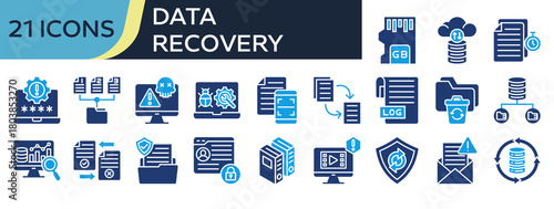 Collection of Data Recovery icons, related to Memory, File History, Computer Crash, Recovery, Archive File and more. Solid icons vector illustation.