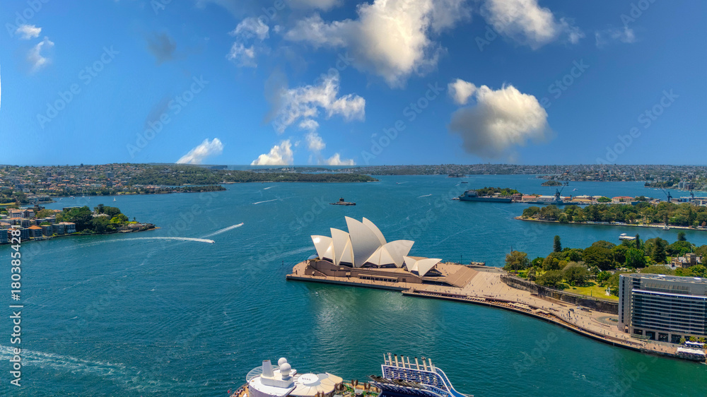 Naklejka premium 18 November 2025 Panoramic night view of Sydney Harbour and City Skyline of NSW Australia beautiful colourful skies on a beautiful spring day