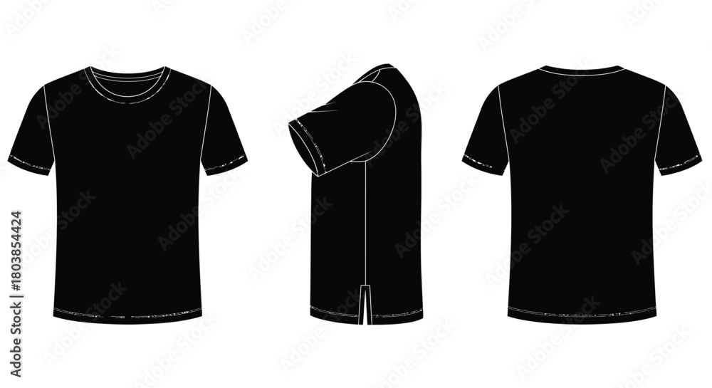 Naklejka premium Sleek black t-shirt mockup from front, side, and back views